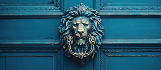 A lion's head door knocker on a blue door