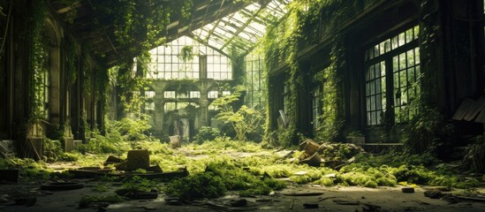 Abandoned building filled with lush greenery