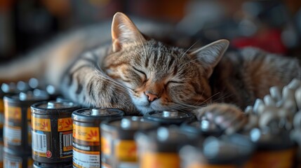 sleeping kitten surrounded by many batteries, a funny impression of “recharging” while sleeping.
Concept: energy products or campaigns for energy conservation, relaxation and recharging vitality - obrazy, fototapety, plakaty