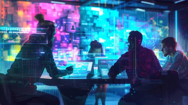 Backlit figures of a team in an operations center overlaid by futuristic digital data graphics and interfaces
