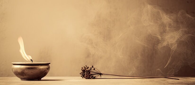A table holding a small potted flower alongside a sepia-toned candle and incense stick