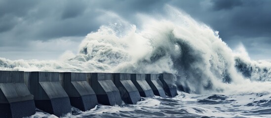 Stormy weather waves crash breakwater tetrapods - obrazy, fototapety, plakaty