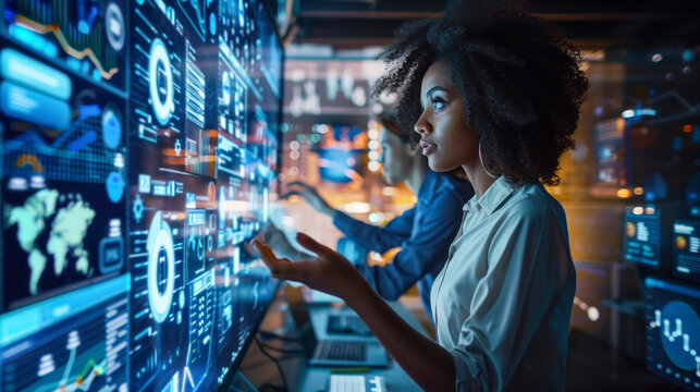 A tech professional engages with advanced data visualization software on interactive digital panels in an innovative workspace