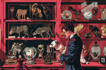 A man is standing in front of a red shelf filled with various taxidermy animals. The shelf showcases a collection of preserved animals, creating a unique display - obrazy, fototapety, plakaty