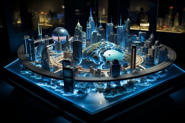 A detailed miniature city features illuminated skyscrapers, a central green hill, and a skybridge, all set on a glowing blue base.