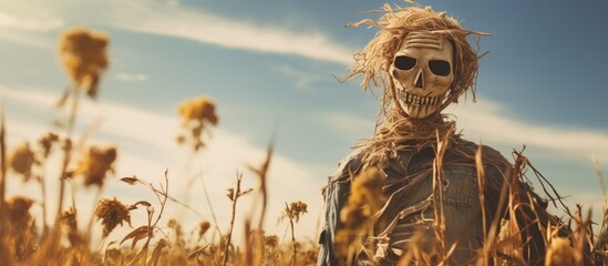 Scarecrow standing in a tall grass field under a clear blue sky