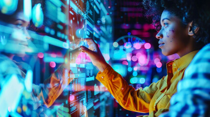 An individual touching a high-tech screen with digital graphs, exemplifying advanced technology and data management