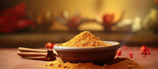 Turmeric and cinnamon in a bowl on a table - obrazy, fototapety, plakaty