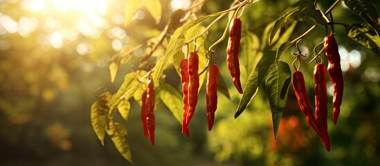 Red chili peppers hanging from tree branches