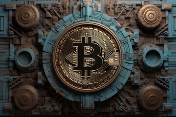 Obraz premium A detailed representation of Bitcoin surrounded by a futuristic design with technology elements