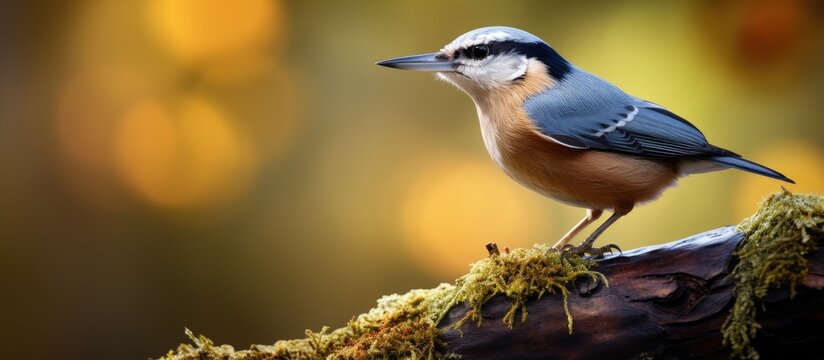 Bird perched on branch with moss and leaves