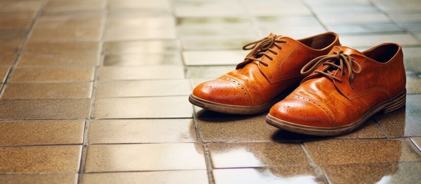 Brown leather shoes on cement floor