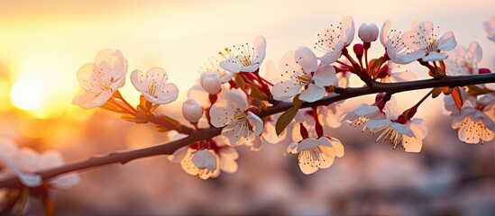 Cherry blossoms on branch with sun background