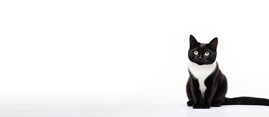 Black and white cat sitting on white floor