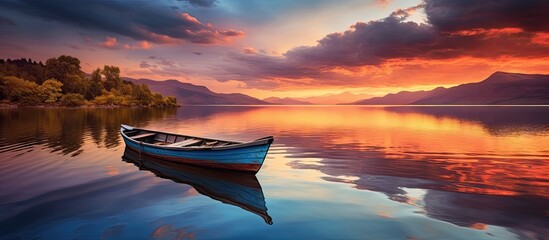 Boat on a lake with a beautiful sunset