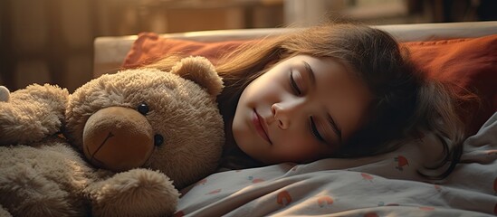 Girl resting with teddy bear on bed - obrazy, fototapety, plakaty
