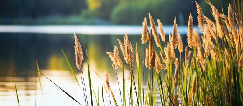 Tall grass by lake with distant forest, cattails at pond edge