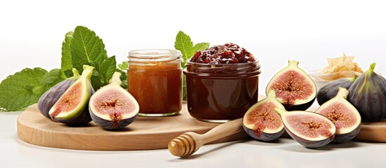 Cutting board displaying figs, jams, and honey