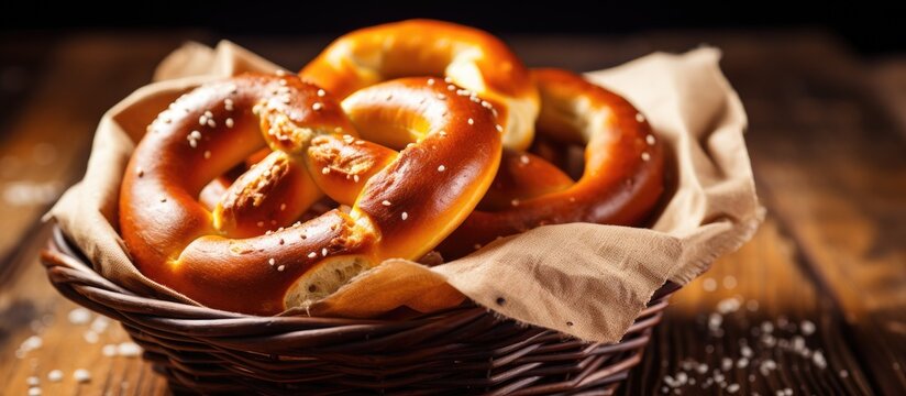 A basket of freshly baked soft pretzels on a wooden table