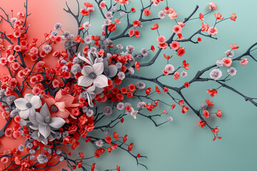 Seasonal blooming flowers, red and pink blossoms on branches against a snowy background