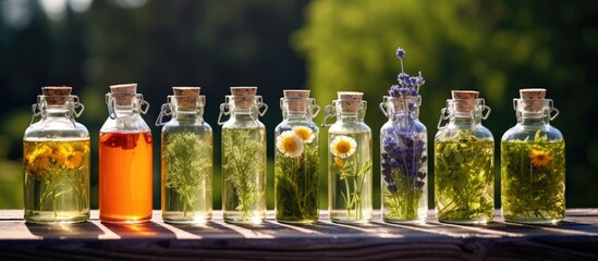 Bottles of various flowers and herbs on a table - obrazy, fototapety, plakaty