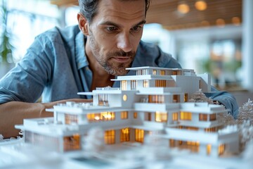 Professional architect intensely scrutinizes a detailed architectural white model