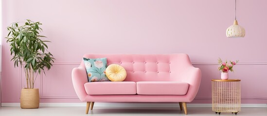 A pink sofa adorned with cushions and a potted plant in a lounge - obrazy, fototapety, plakaty