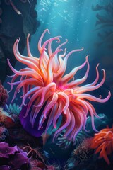 Fototapeta na wymiar A vibrant sea anemone with orange and pink hues sways its tentacles gracefully in the underwater environment, creating a colorful and lively scene