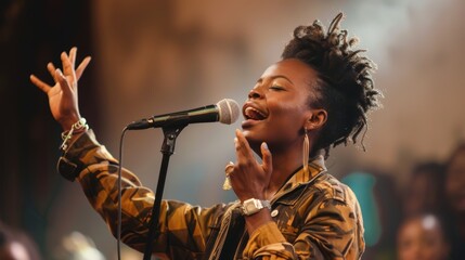 Joyful female singer with dynamic gesture on stage. Live concert photography with excited crowd and concert lighting. - obrazy, fototapety, plakaty