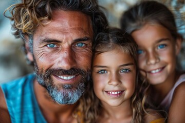 Handsome father with blue eyes embracing two young girls with a seaside backdrop