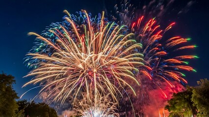 Fototapeta premium Radiant Fireworks Display Lighting Up The Night Sky Above Silhouetted Trees In A Vibrant Celebration