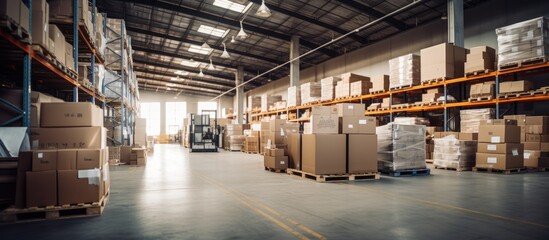 A warehouse interior filled with boxes and pallets