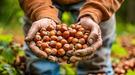 Naklejka na ściany i meble Fresh hazelnuts in hand, showcasing organic seeds and the essence of autumn nutrition