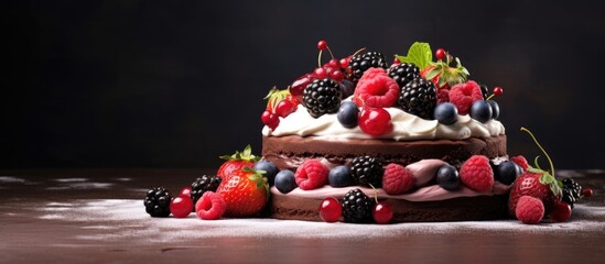 Delicious cake topped with berries and cream