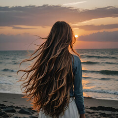 Fototapeta premium woman on the beach at sunset with long flowing hair