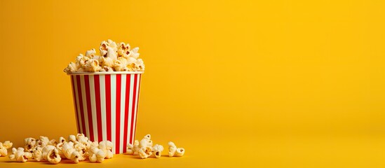 Popcorn in a striped paper cup on a yellow background