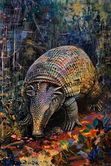 Fototapeta premium A painting depicting a curious armadillo scouring the forest floor for insects, blending into the lush greenery of the woodland setting