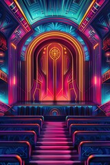 Obraz premium An Art Deco theater with geometric patterns and neon lights