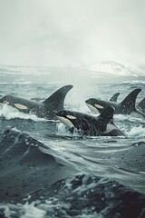 A group of powerful orcas, also known as killer whales, gracefully swimming and hunting together in the vast ocean