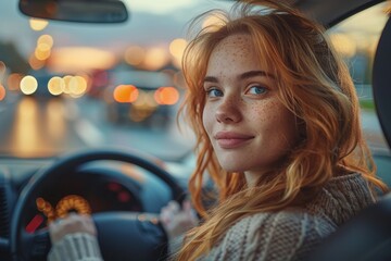 A beautiful young redheaded woman with freckles smiling confidently while driving a car at dusk