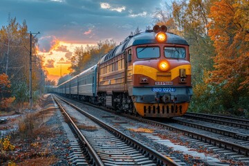 A classic locomotive moves along the railroad surrounded by colorful autumn trees and a sunset sky - obrazy, fototapety, plakaty