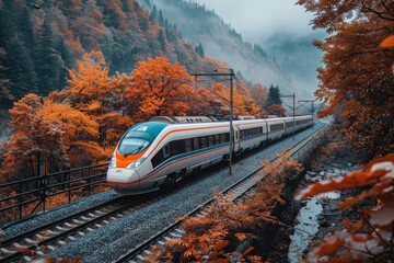 A picturesque image of a modern high-speed train traversing through a dense autumnal forest with vibrant fall colors and misty surroundings, creating a serene travel moment