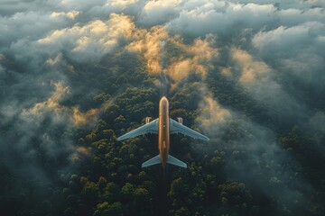Stunning aerial view of a commercial airplane flying above a dense forest and a sea of clouds...