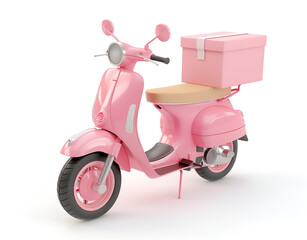 Fototapeta na wymiar 3D render of a pink scooter with a delivery box on white background