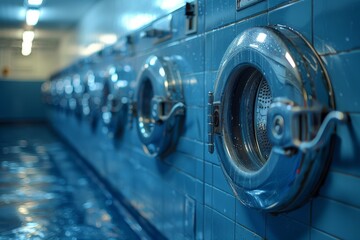 A deep perspective of glossy blue washing machines lined up against tiled walls in a laundromat