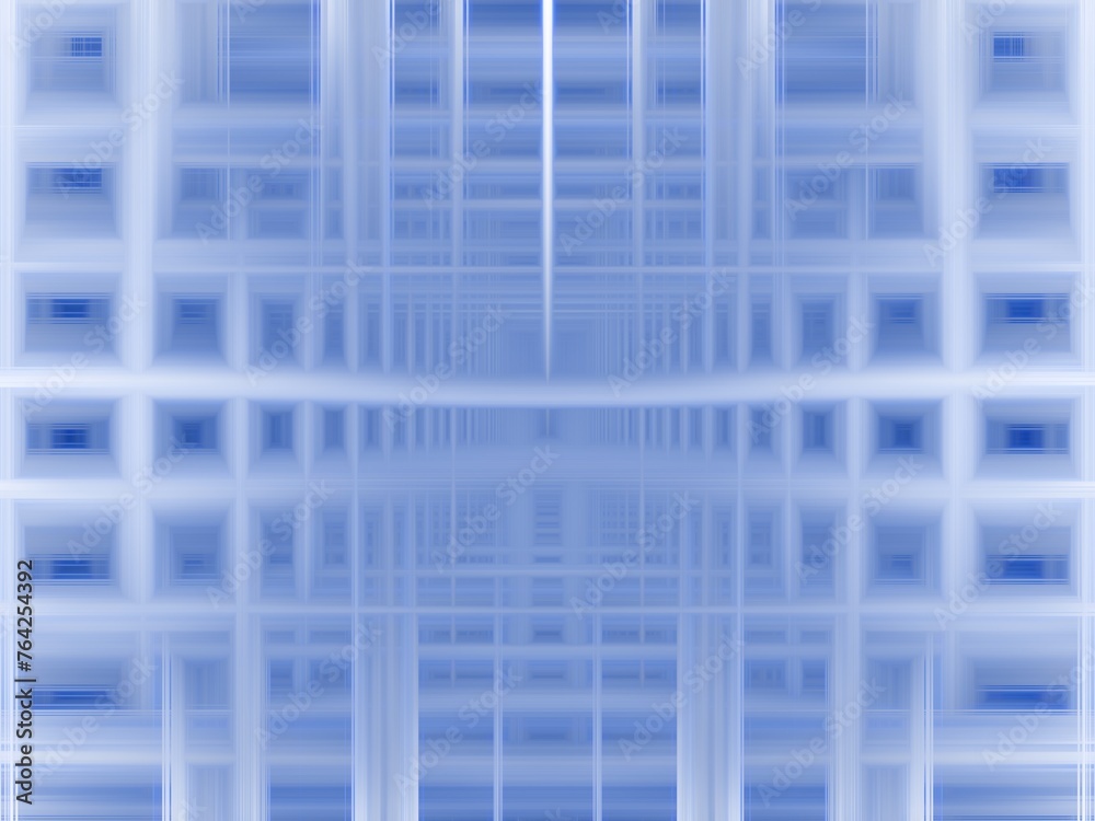 Poster blue and white background with symmetrical pattern, square and rectangular geometric shapes and effe