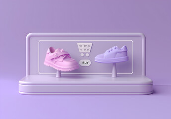3d render of a "BUY" button and baby shoes with shopping cart