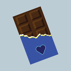 Cartoon chocolate bar in a wrapper. Dark Opened Taste Bar. Vector icon highlighted on a different color background. Vector illustration. Eps file 250.