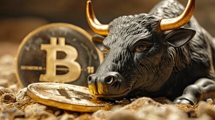 Close-up of a bull statue symbolizing financial strength with a shiny Bitcoin coin, representing cryptocurrency investment and market trends.
