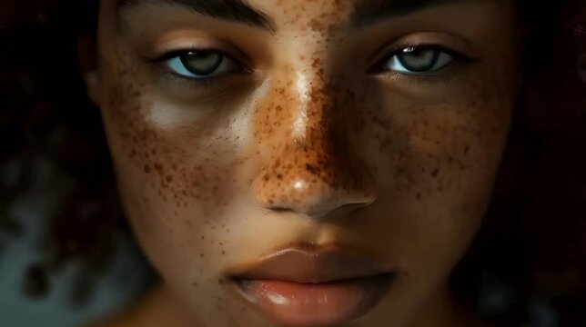 A close-up of a beautiful black woman with green eyes and  freckles 